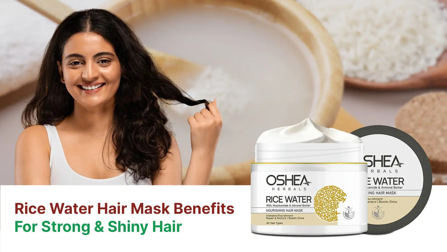 Smiling woman with shiny hair holding rice water hair mask jar, rice bowl in background