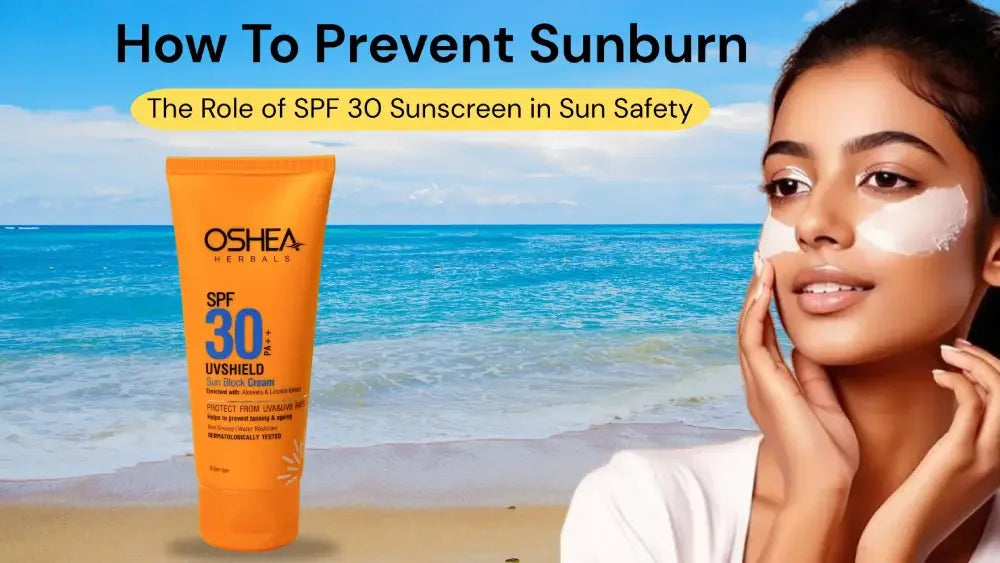 Woman applying SPF 30 sunscreen cream on face by beach, sun protection skincare concept