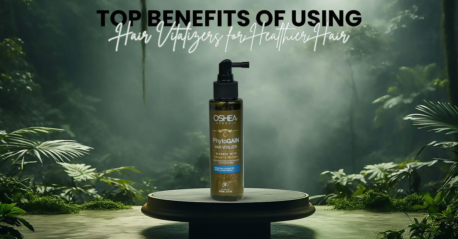 Oshea Herbals Phytogain Hair Vitalizer bottle in a lush green setting, highlighting the benefits for healthier hair