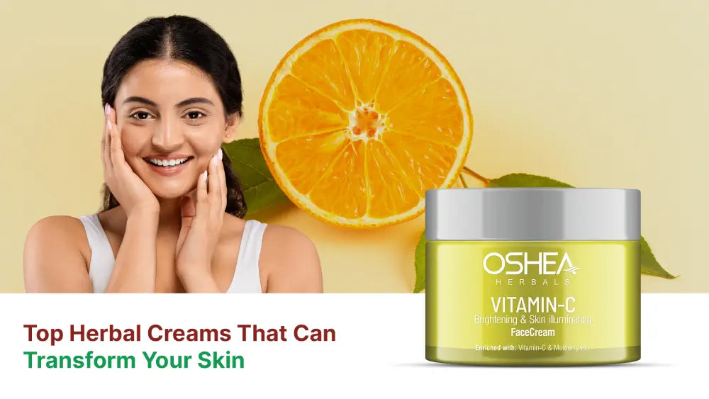 Woman smiling with healthy skin, Oshea Herbals Vitamin C face cream, orange slice background
