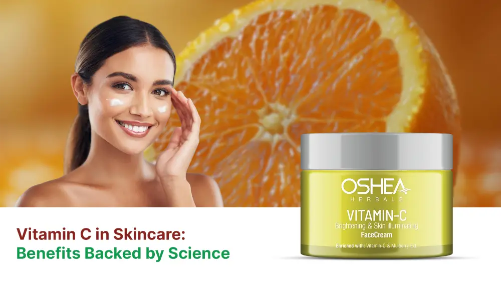Smiling woman applying Vitamin C face cream with orange slice background, brightening skincare