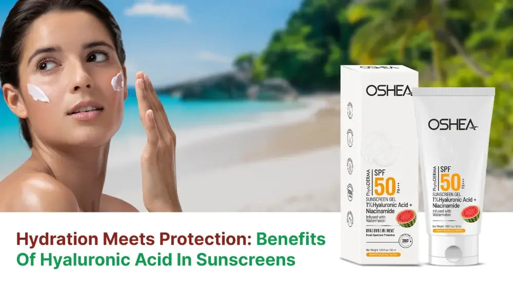 Woman applying SPF 50 sunscreen gel with hyaluronic acid and niacinamide by the beach.