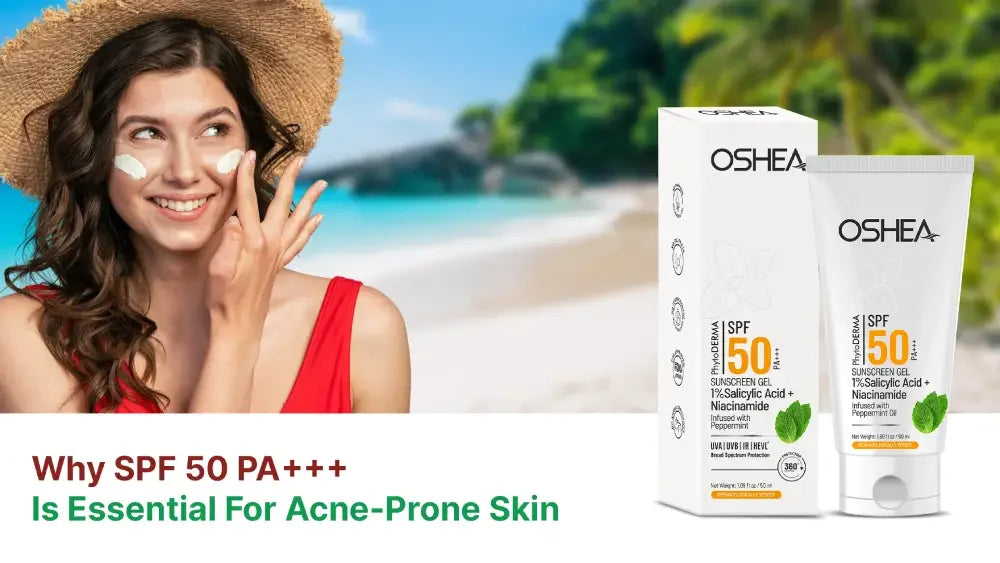 Woman applying sunscreen on face at beach, Oshea SPF 50 PA+++ sunscreen gel for acne-prone skin