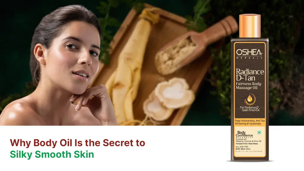 Woman with smooth skin beside Radiance D-Tan Fairness Body Massage Oil bottle and natural ingredients