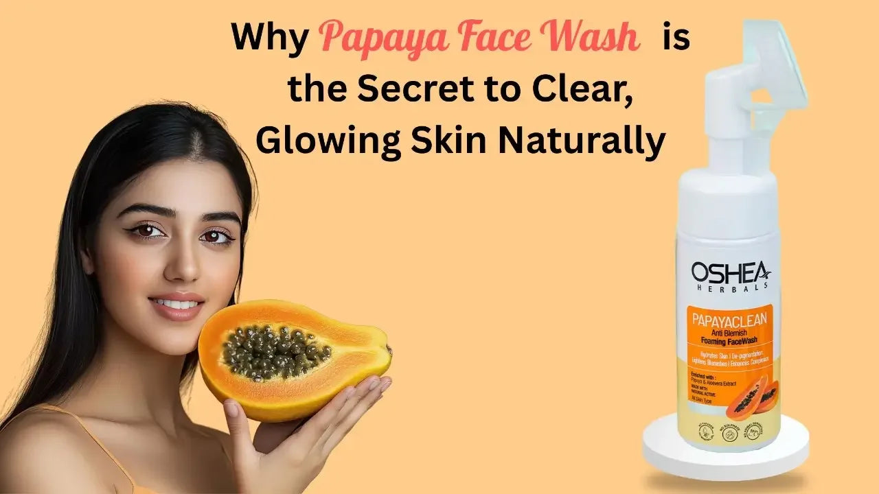 Woman holding fresh papaya beside papaya face wash bottle with clear skin slogan