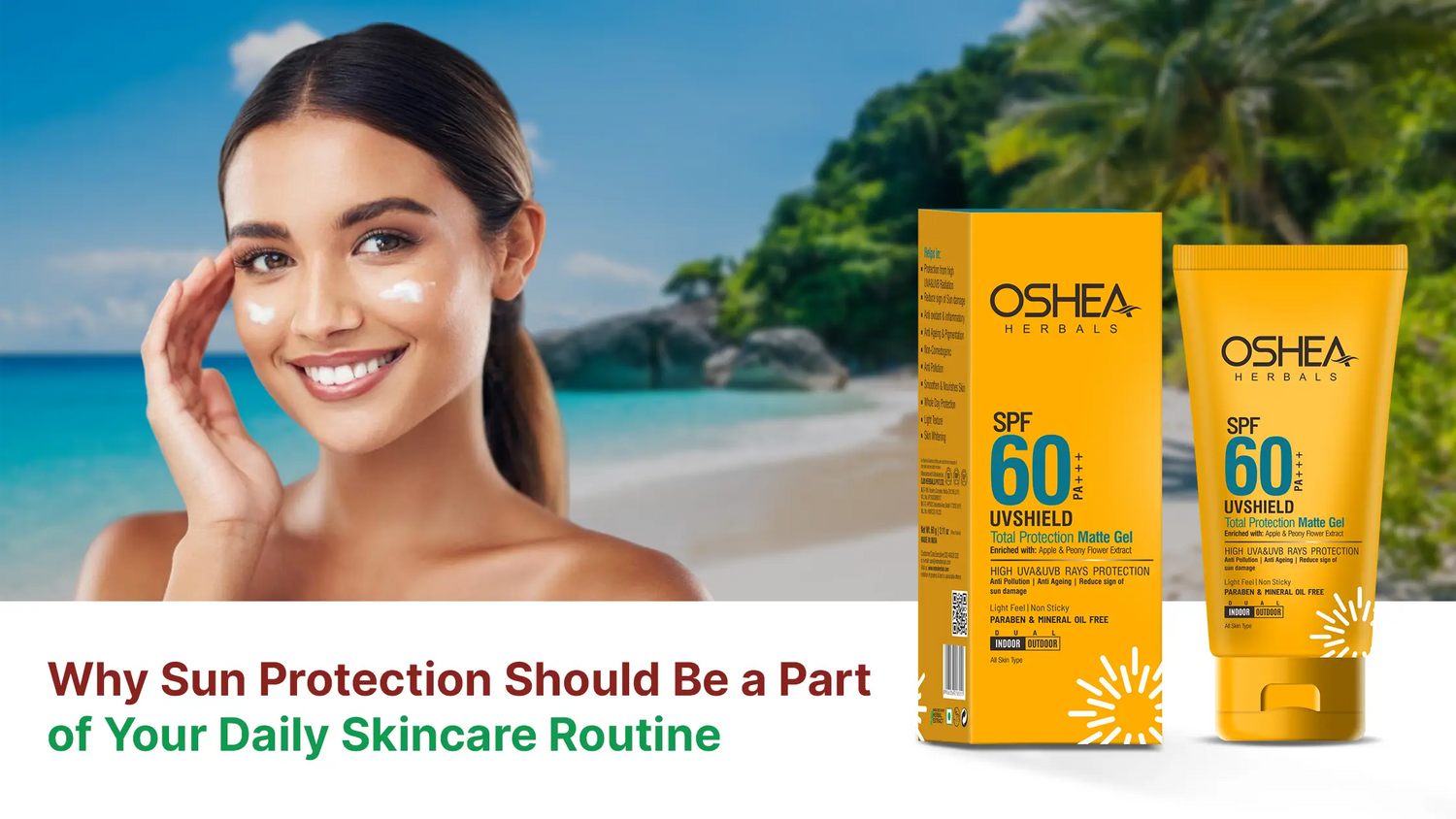 Woman applying sunscreen on face at beach with SPF 60 UV protection gel product in foreground