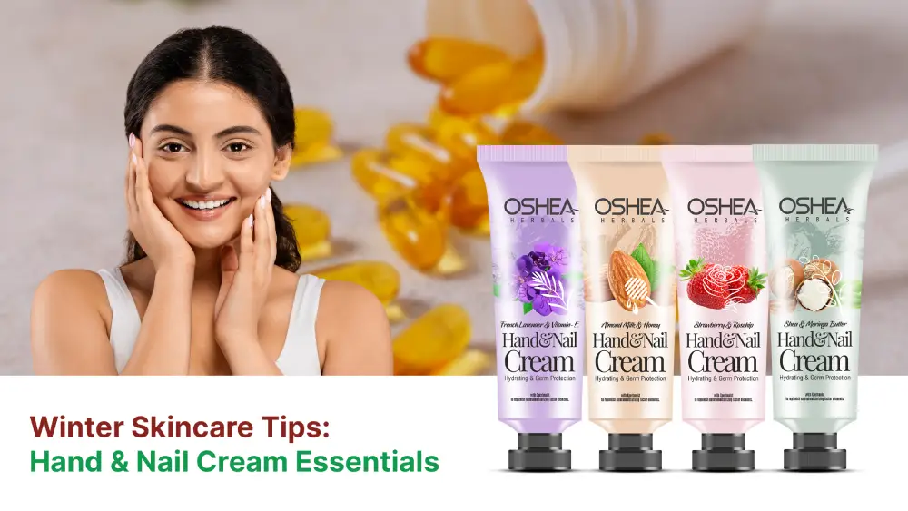 Winter skincare tips with smiling woman and four hand and nail cream tubes, capsules in background