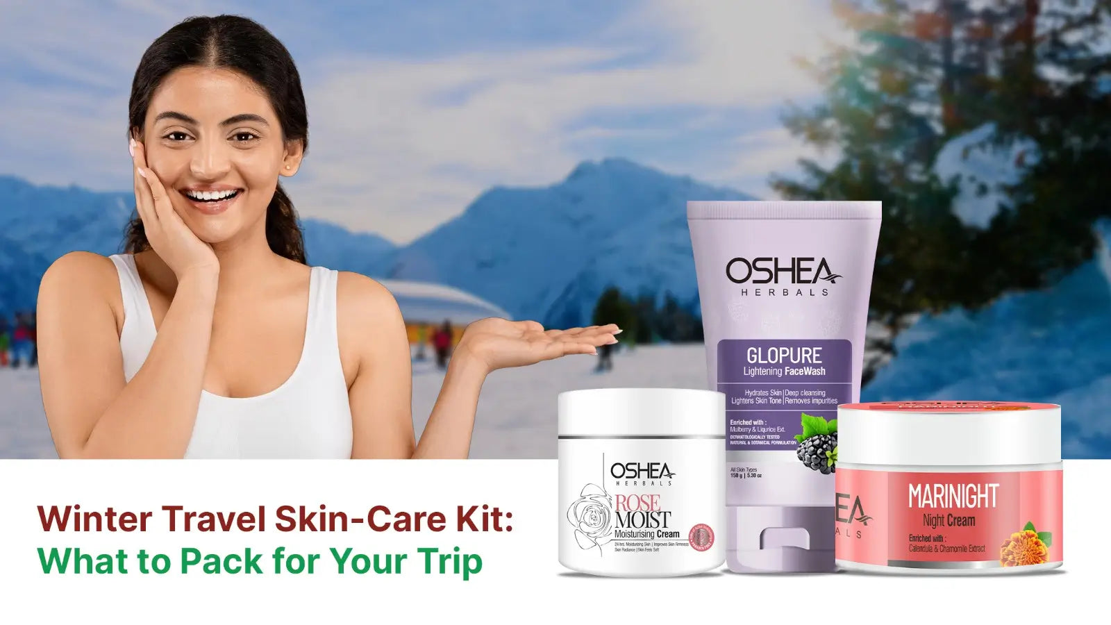 Woman with glowing skin and winter skincare products, snowy mountains in the background