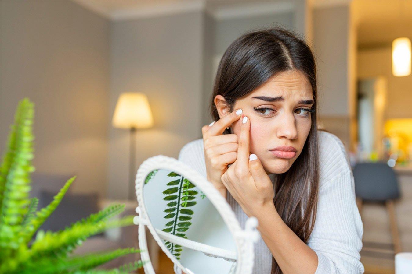 Woman with long hair examining acne on face in mirror, concerned about skincare at home