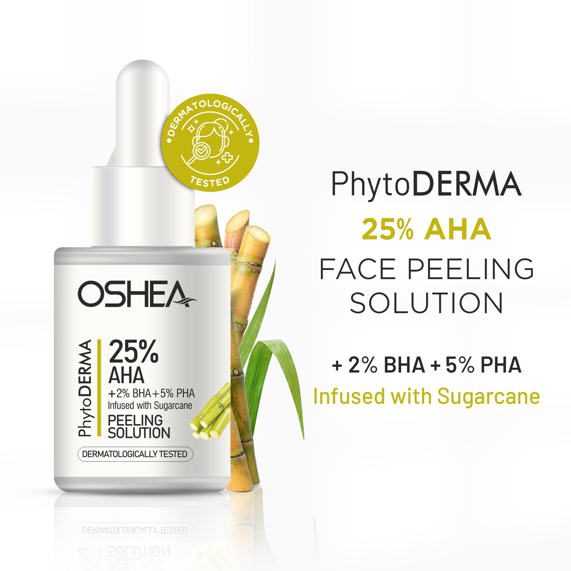 25% AHA face peeling solution with BHA, PHA, sugarcane extract and dropper bottle