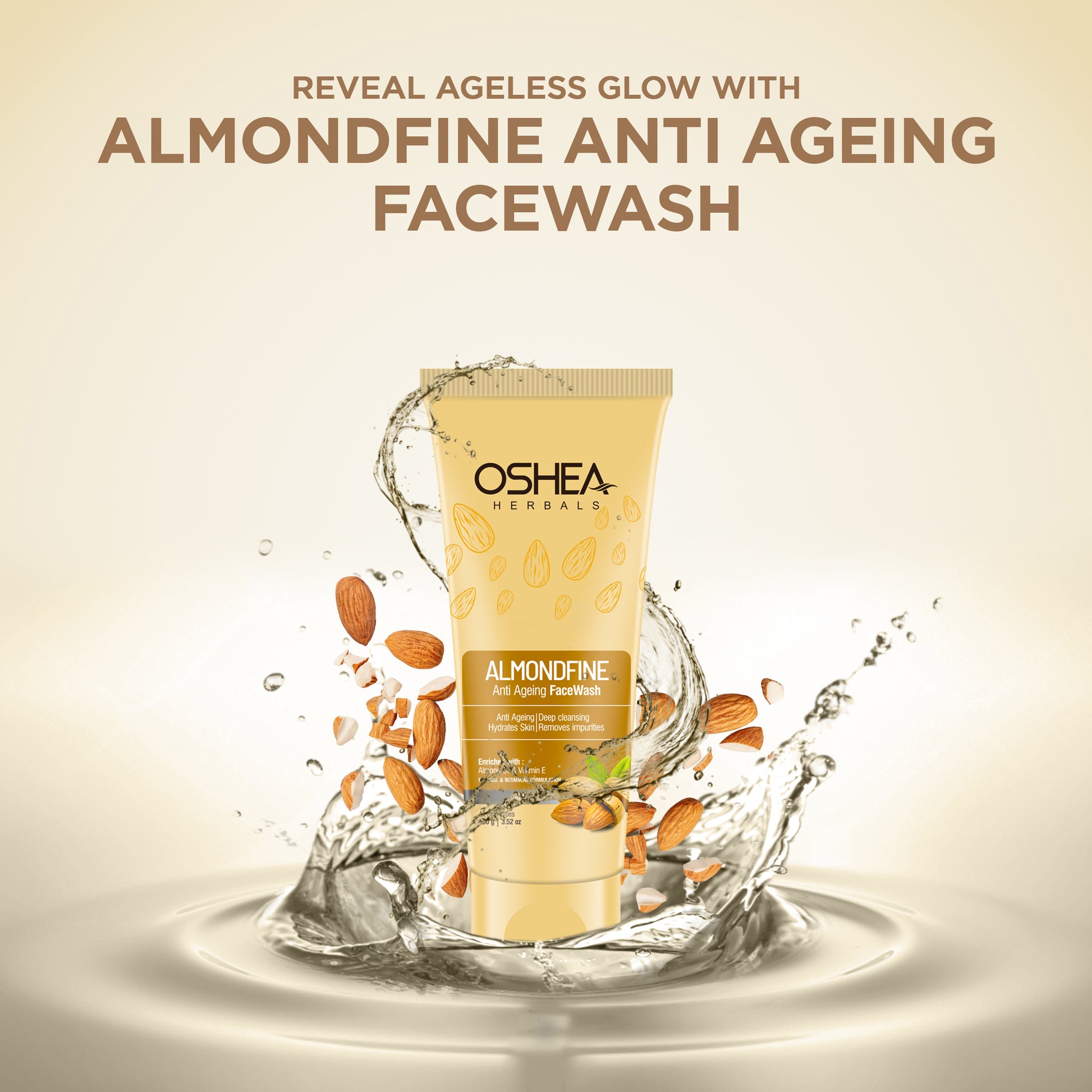 Almondfine Anti Ageing Facewash tube with almonds, water splash, and product title text