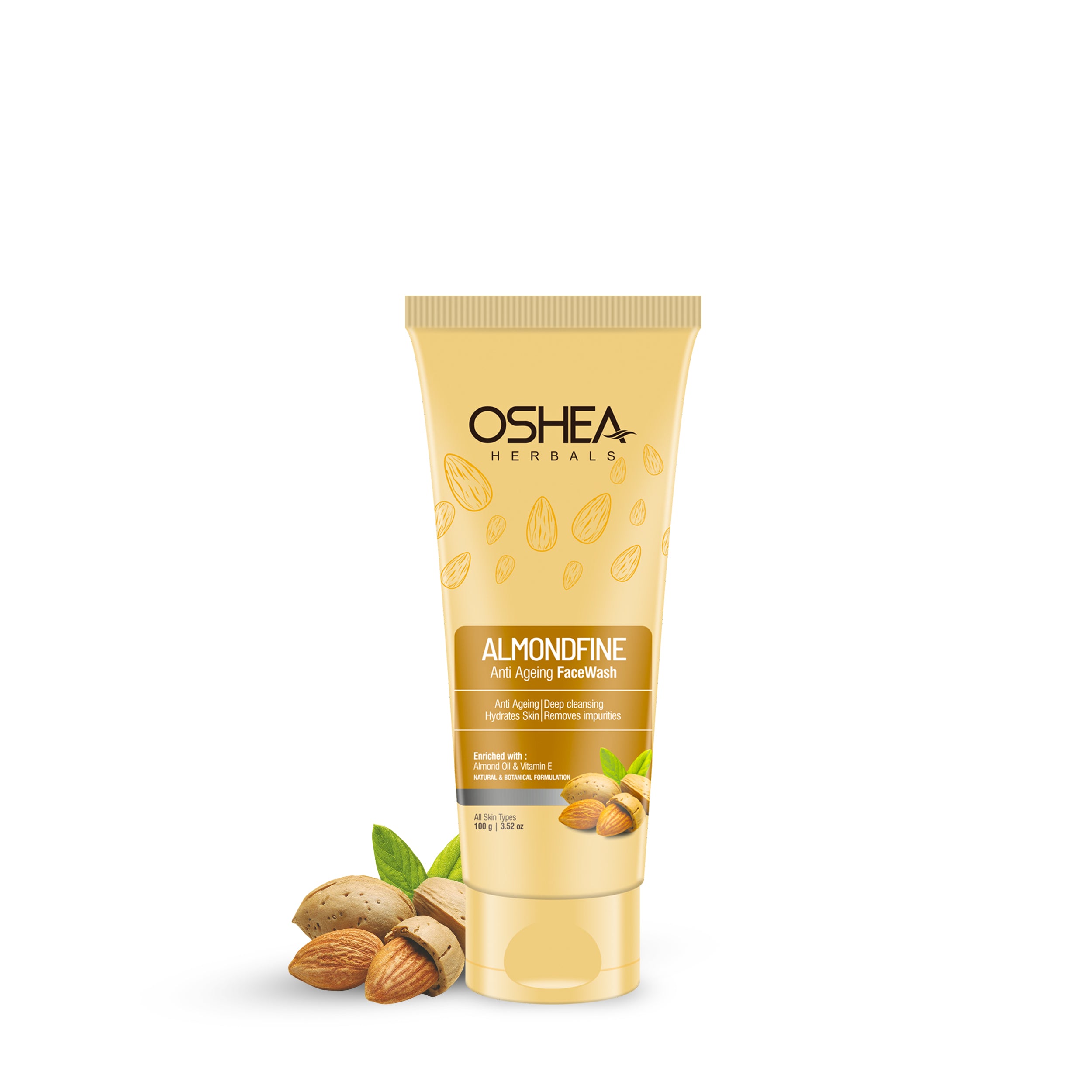 Almondfine anti ageing face wash tube with almonds and leaves on white background.