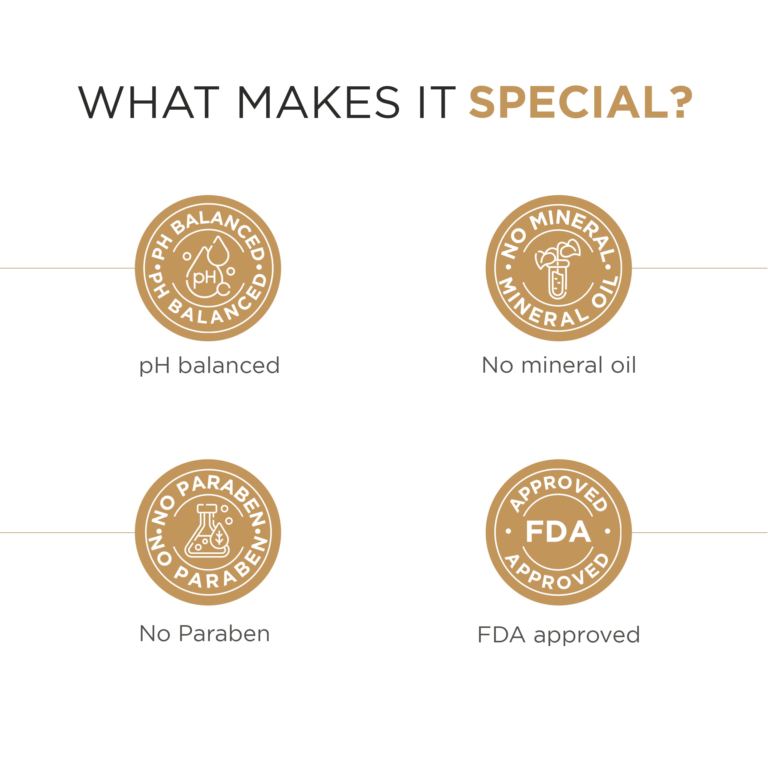 Skincare product benefits icons: pH balanced, no mineral oil, no paraben, FDA approved.