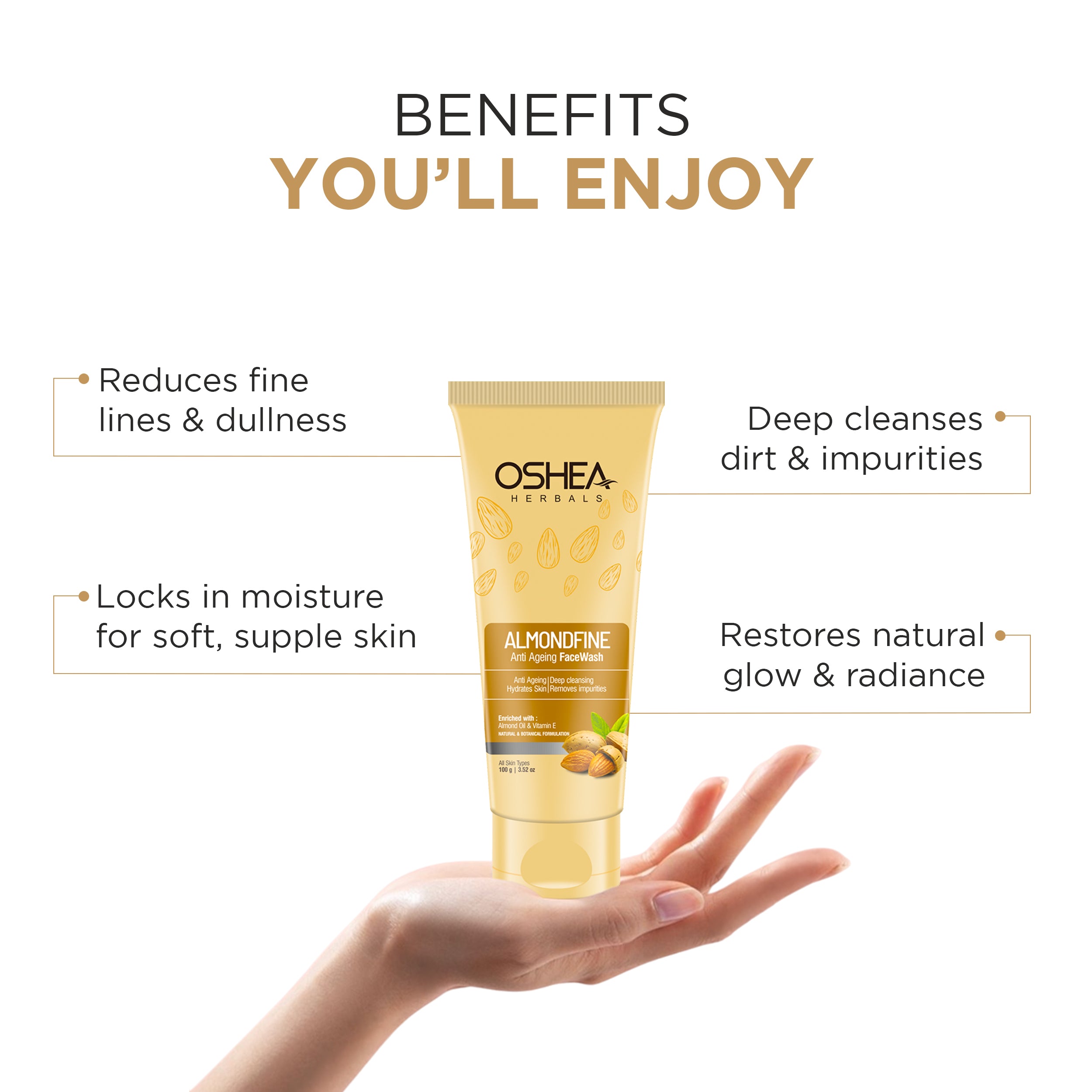 Tube of Almondfine Face Wash held by hand, highlighting benefits for anti-aging, cleansing, moisture, and radiance.