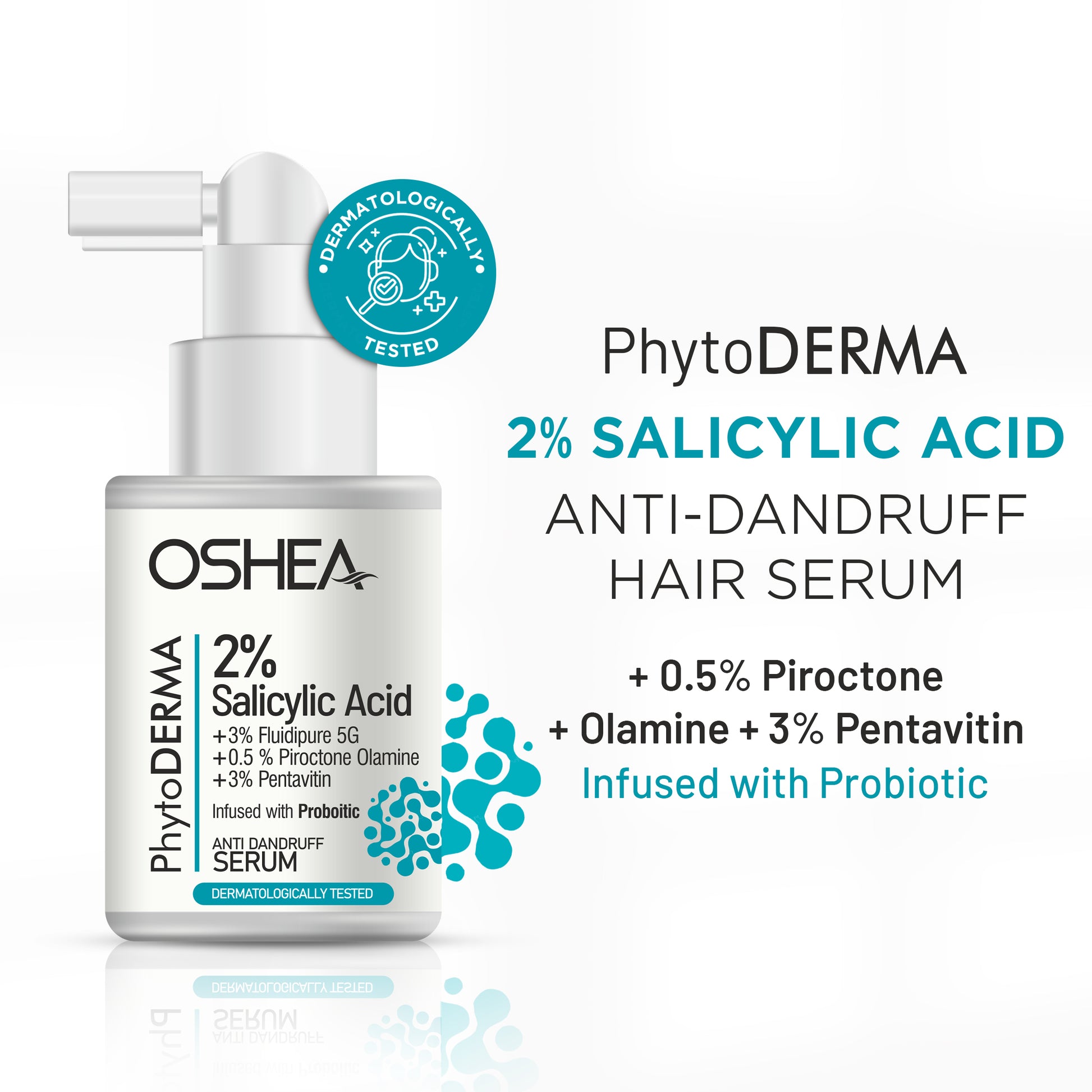 Anti-dandruff hair serum bottle with 2% salicylic acid, probiotic, and dermatologically tested label