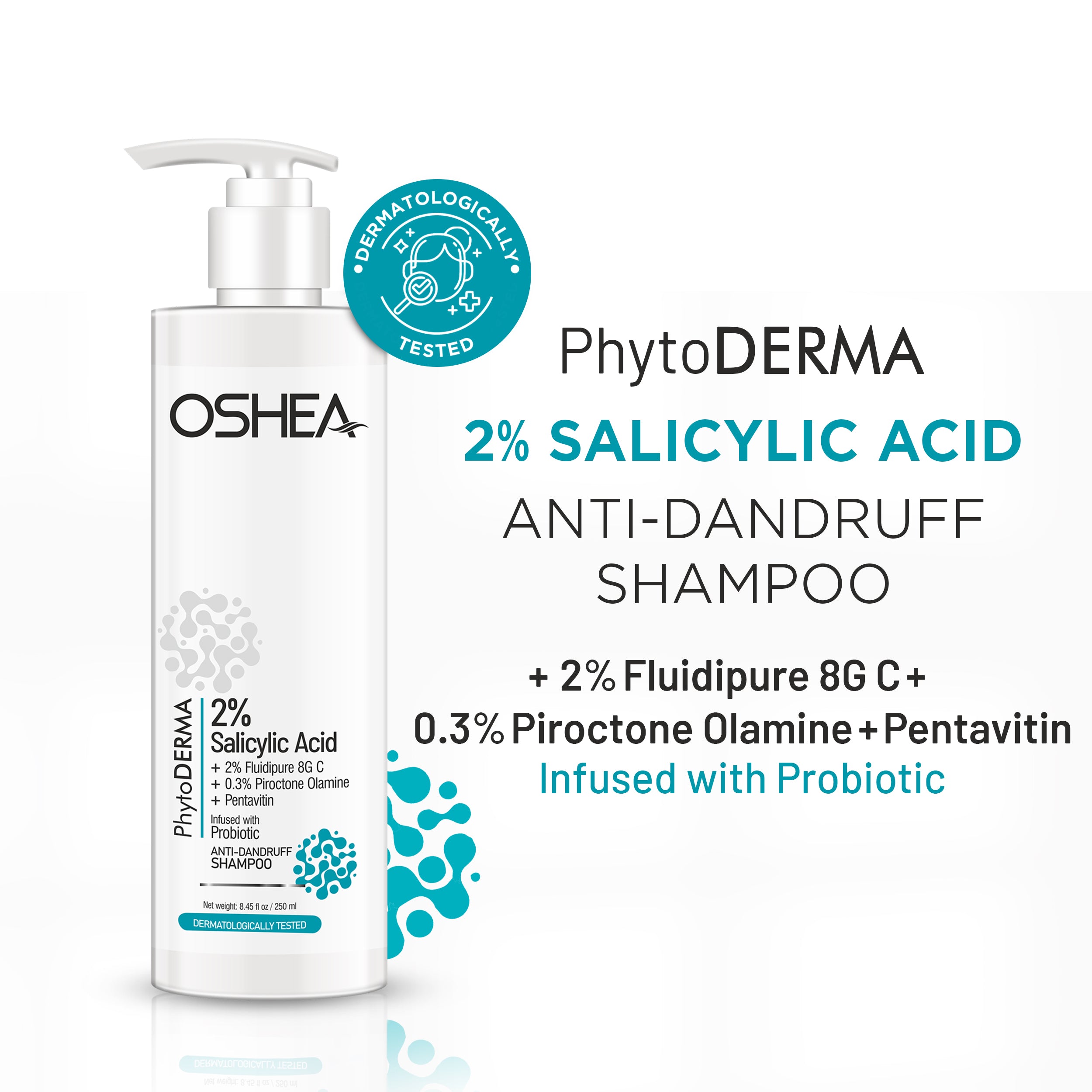 Anti-dandruff shampoo bottle with 2% salicylic acid, Fluidipure, Piroctone Olamine, probiotic, dermatologically tested badge