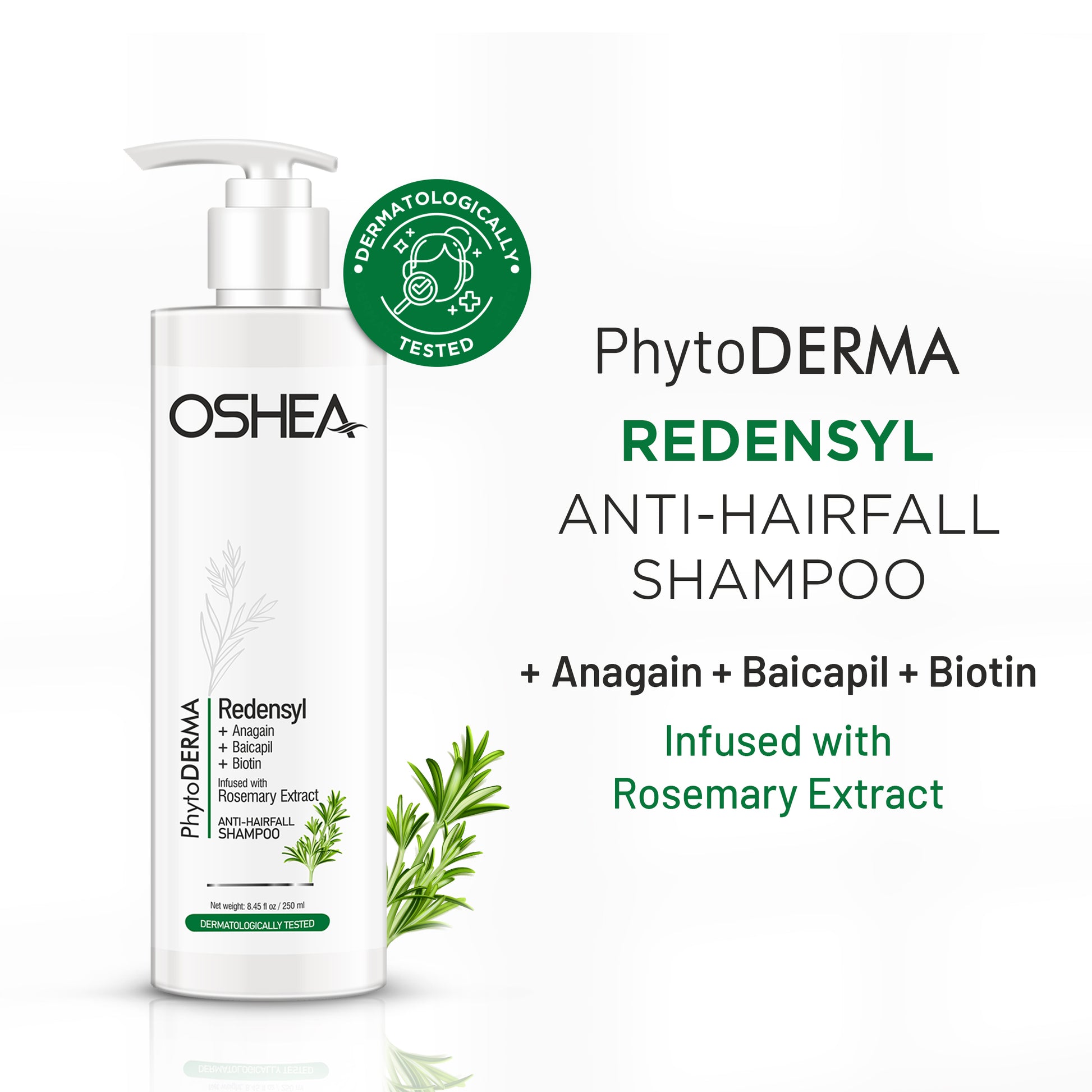 Anti-hair fall shampoo bottle with Redensyl, Anagain, Baicapil, Biotin, and rosemary extract