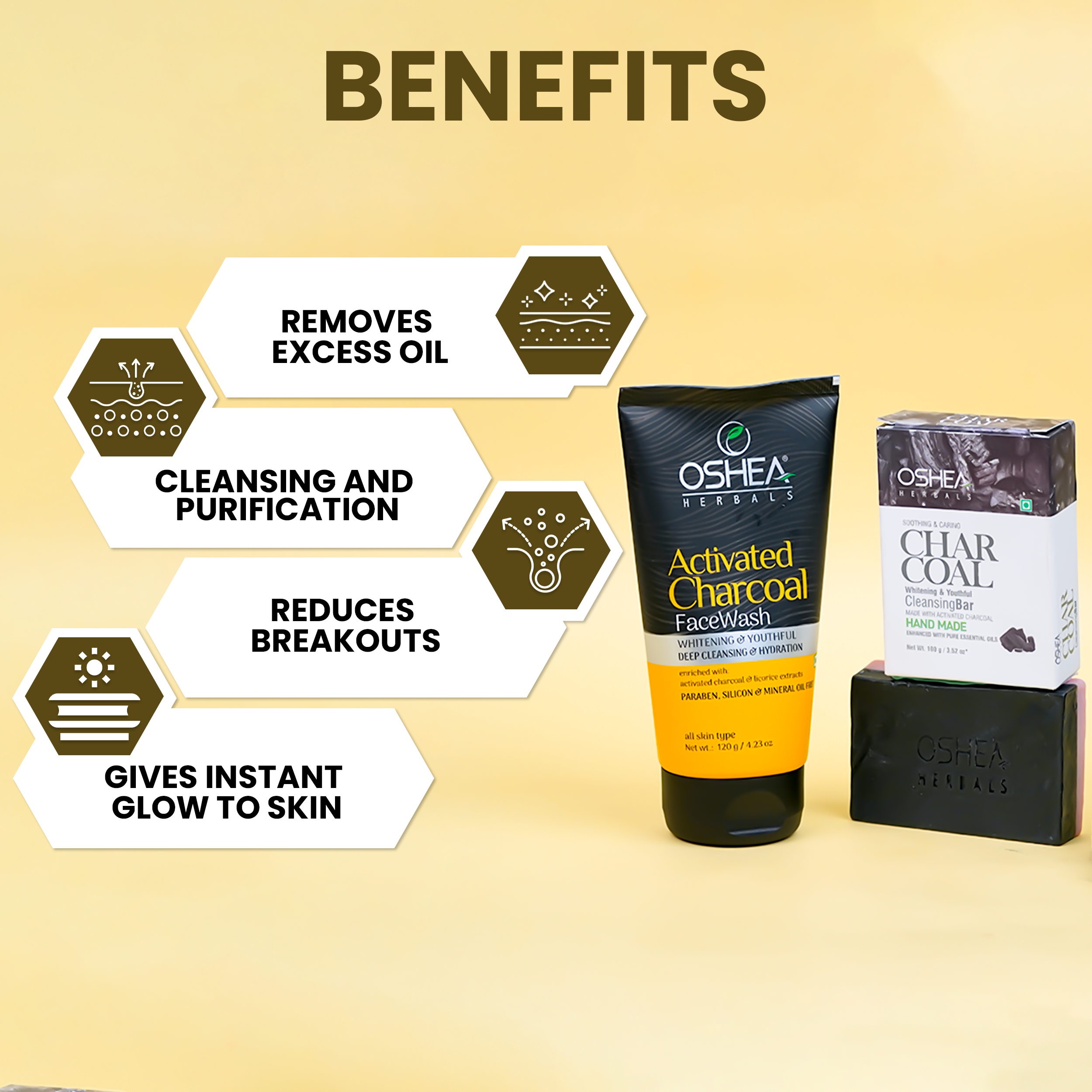 Activated Charcoal Face Wash + Charcoal Cleansing Bar Combo - Oshea Herbals