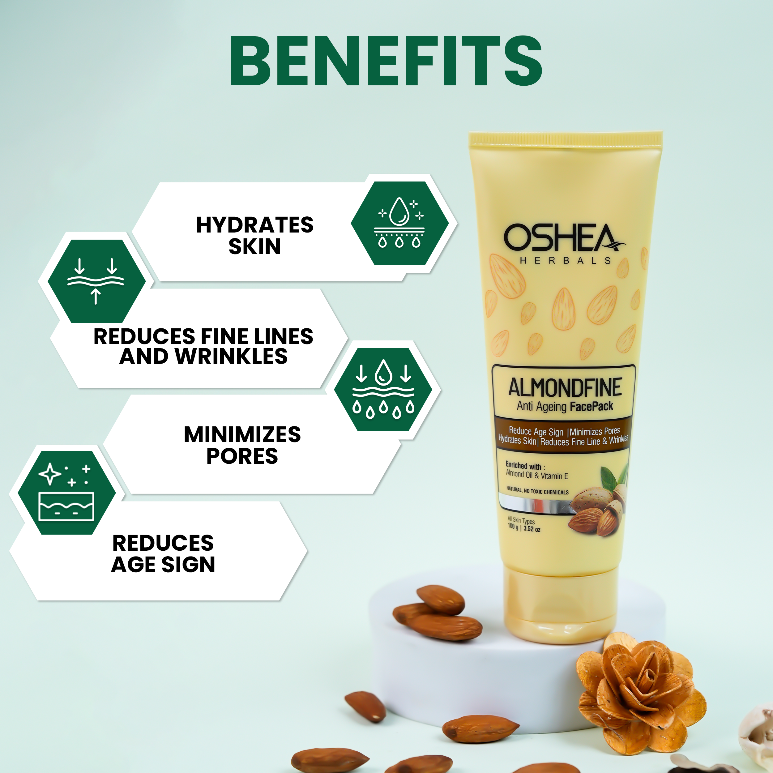 Benefits Almondfine Anti-Ageing Face pack Tube Oshea Herbals