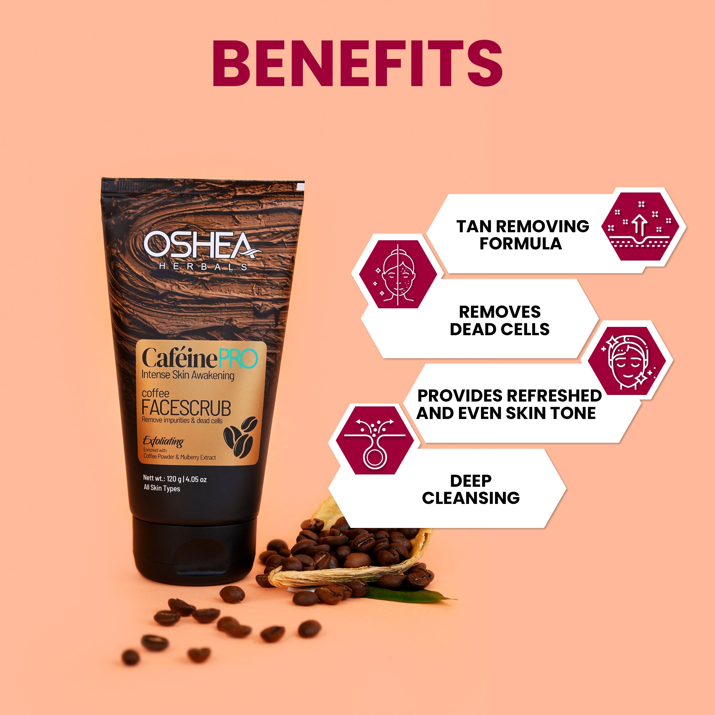 Benefits Cafeine-Pro Face Scrub Oshea Herbals