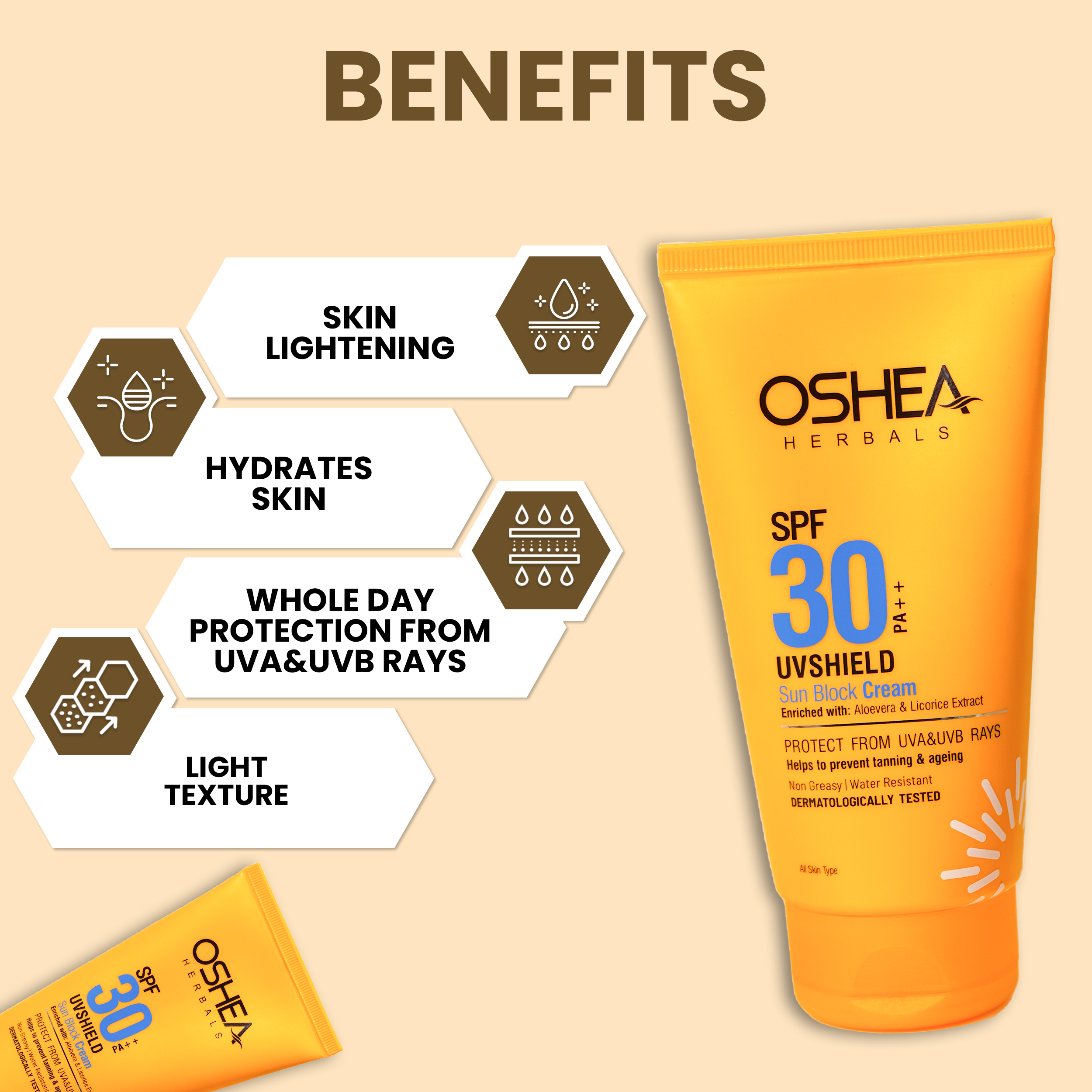 Benefits UvShield Sun Block Cream SPF30PA Oshea Herbals