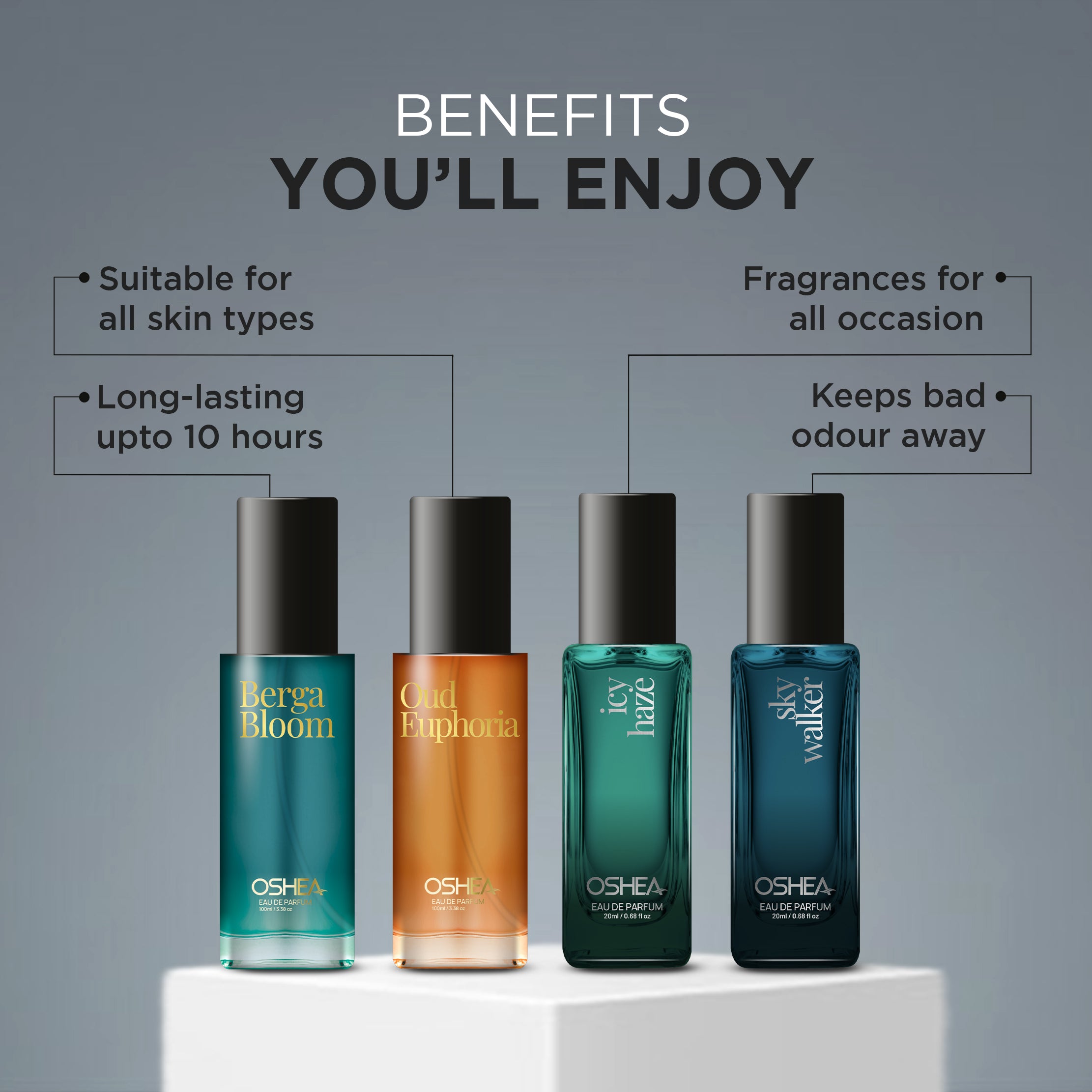 Oshea EAU DE PERFUME COMBO PACK - UNISEX 20MLX4 (Berga Bloom/Oud Euphoria/Icy Haze/Sky Walker)