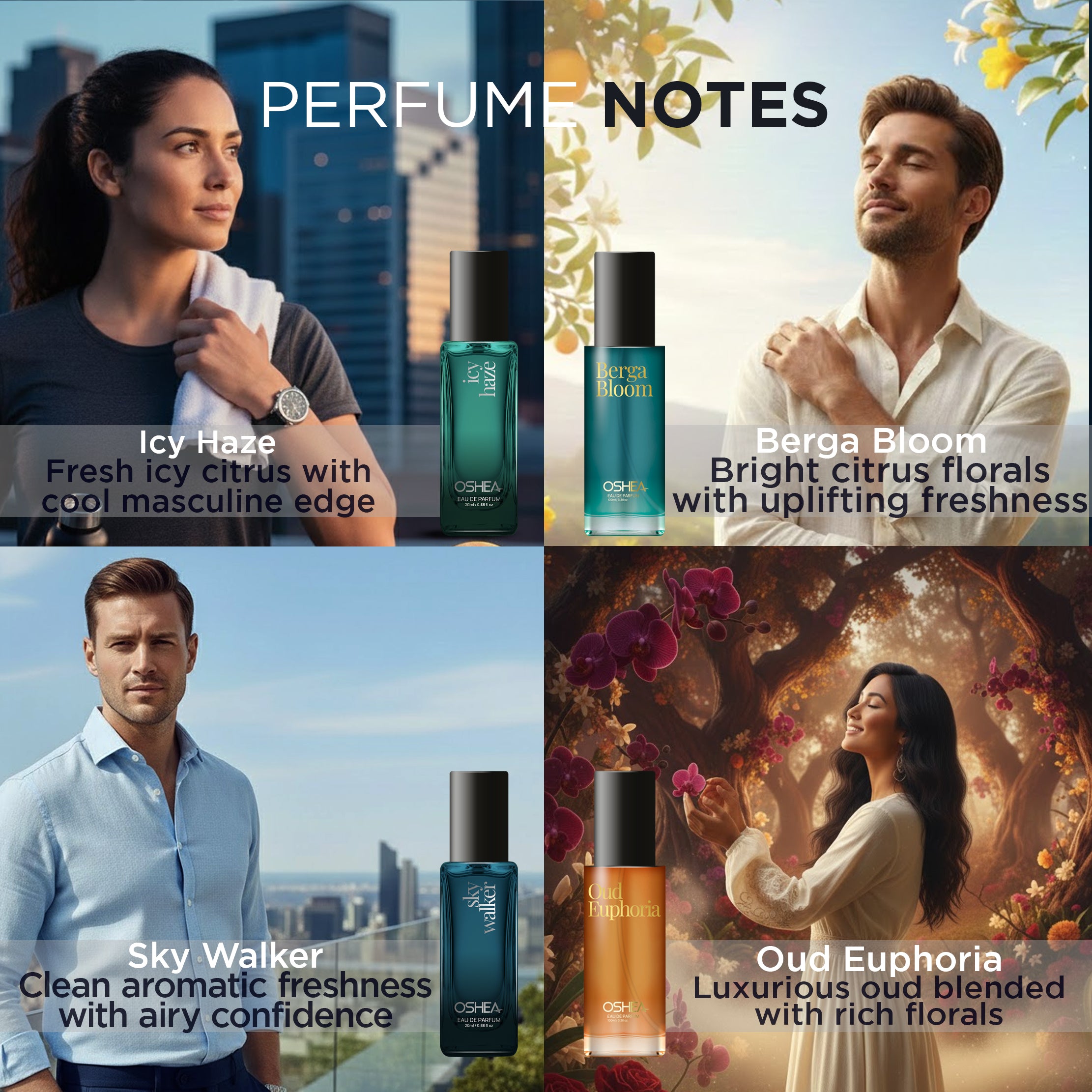 Oshea EAU DE PERFUME COMBO PACK - UNISEX 20MLX4 (Berga Bloom/Oud Euphoria/Icy Haze/Sky Walker)