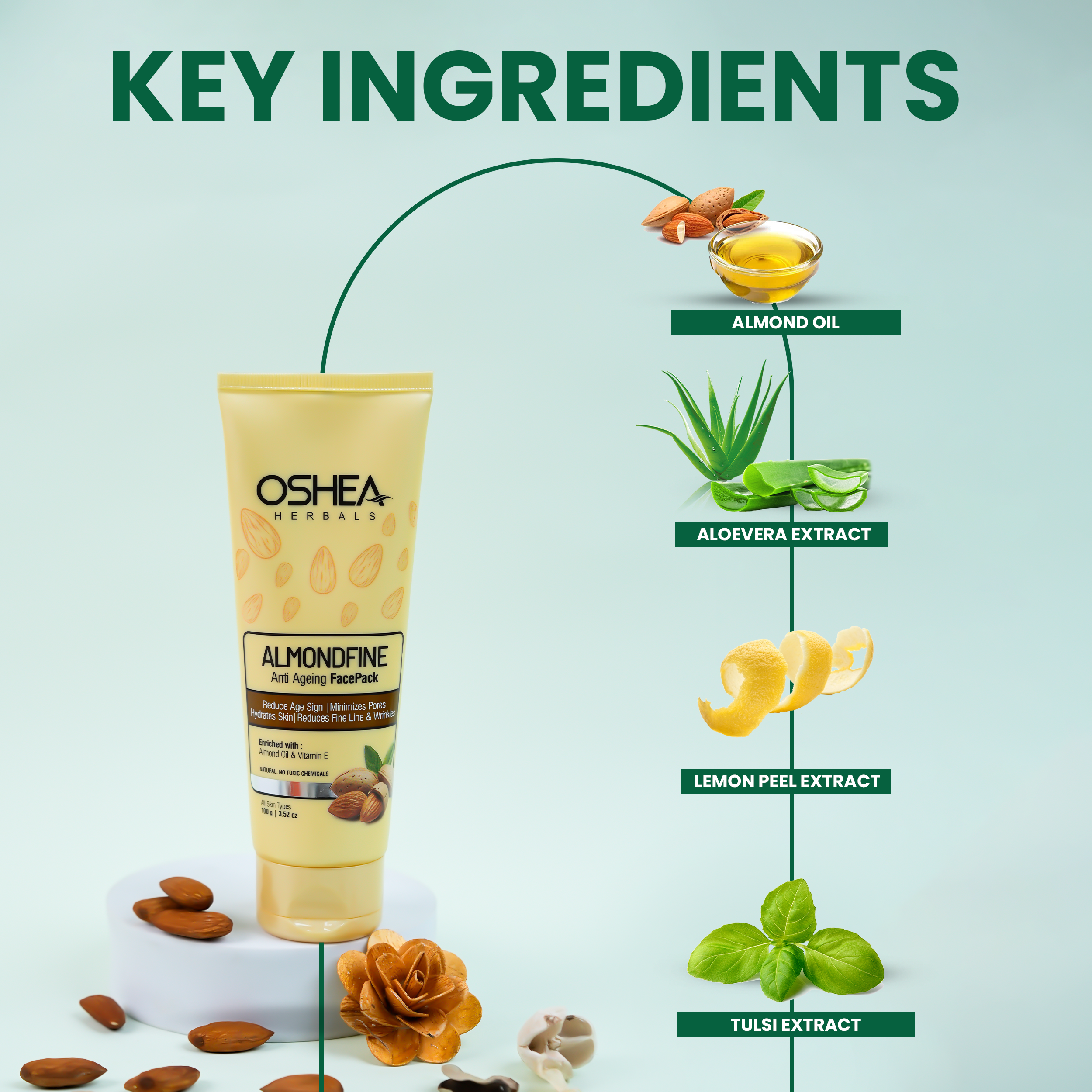 Key Ingredients Almondfine Anti-Ageing Face pack Tube Oshea Herbals_2