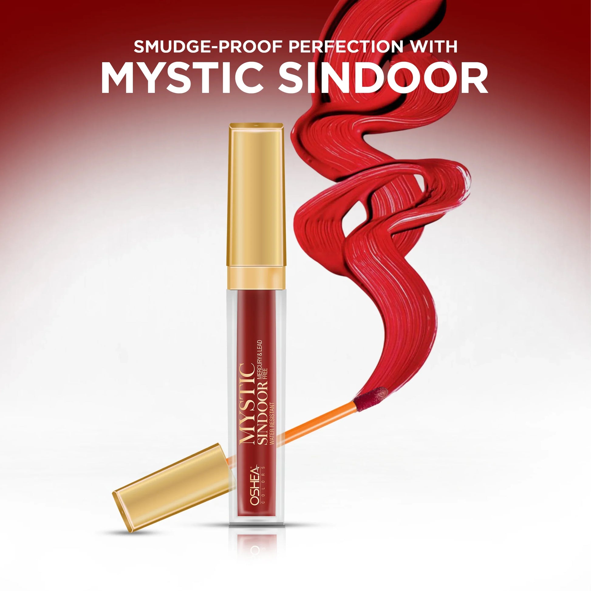 Maroon liquid sindoor in a gold-capped tube with applicator and red product swatch.