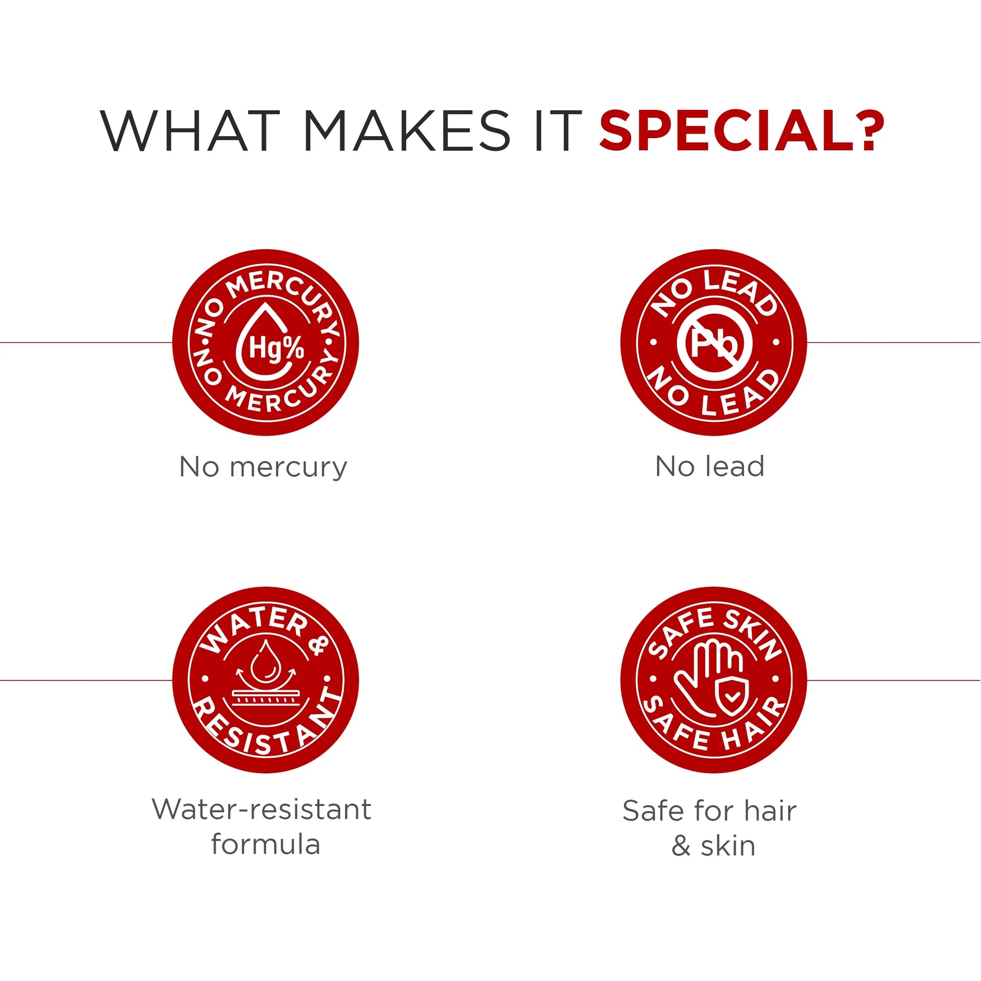 Infographic showing maroon product benefits: no mercury, no lead, water-resistant, safe for skin and hair.