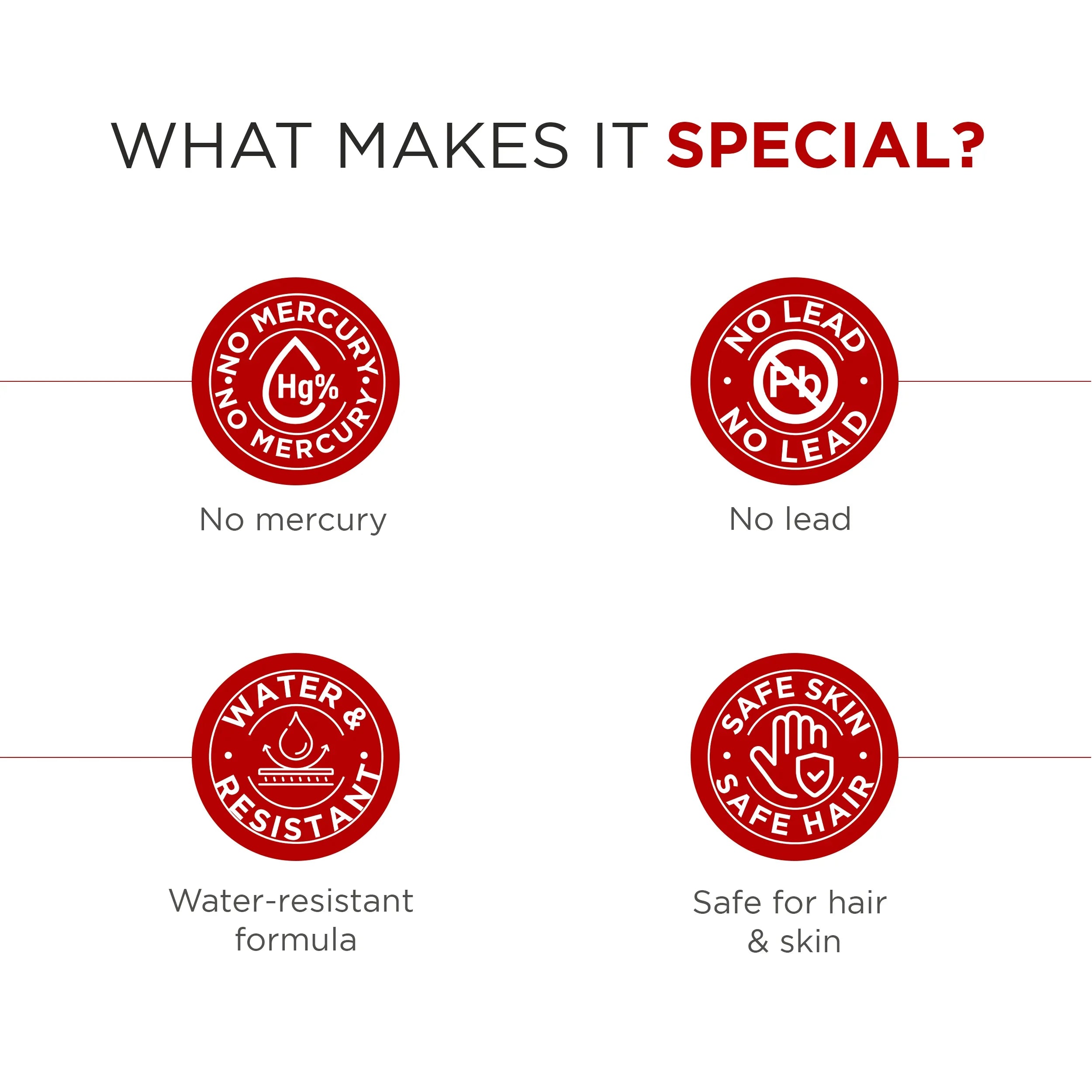 Infographic showing maroon product benefits: no mercury, no lead, water-resistant, safe for skin and hair.
