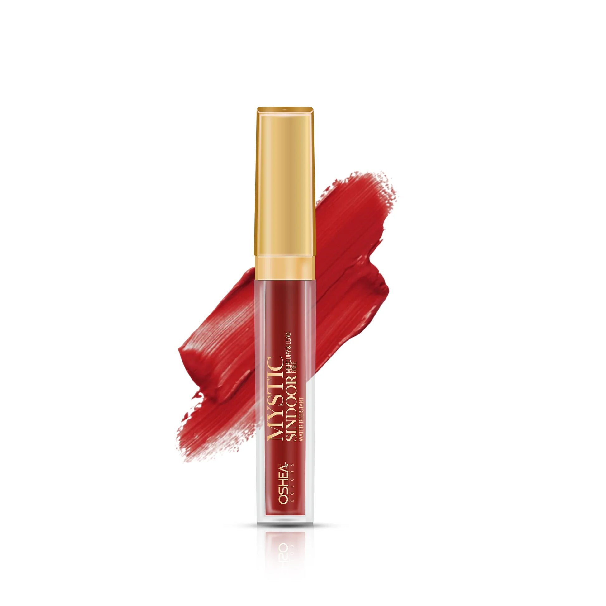 Maroon liquid sindoor with golden cap, bold pigment swatch on white background
