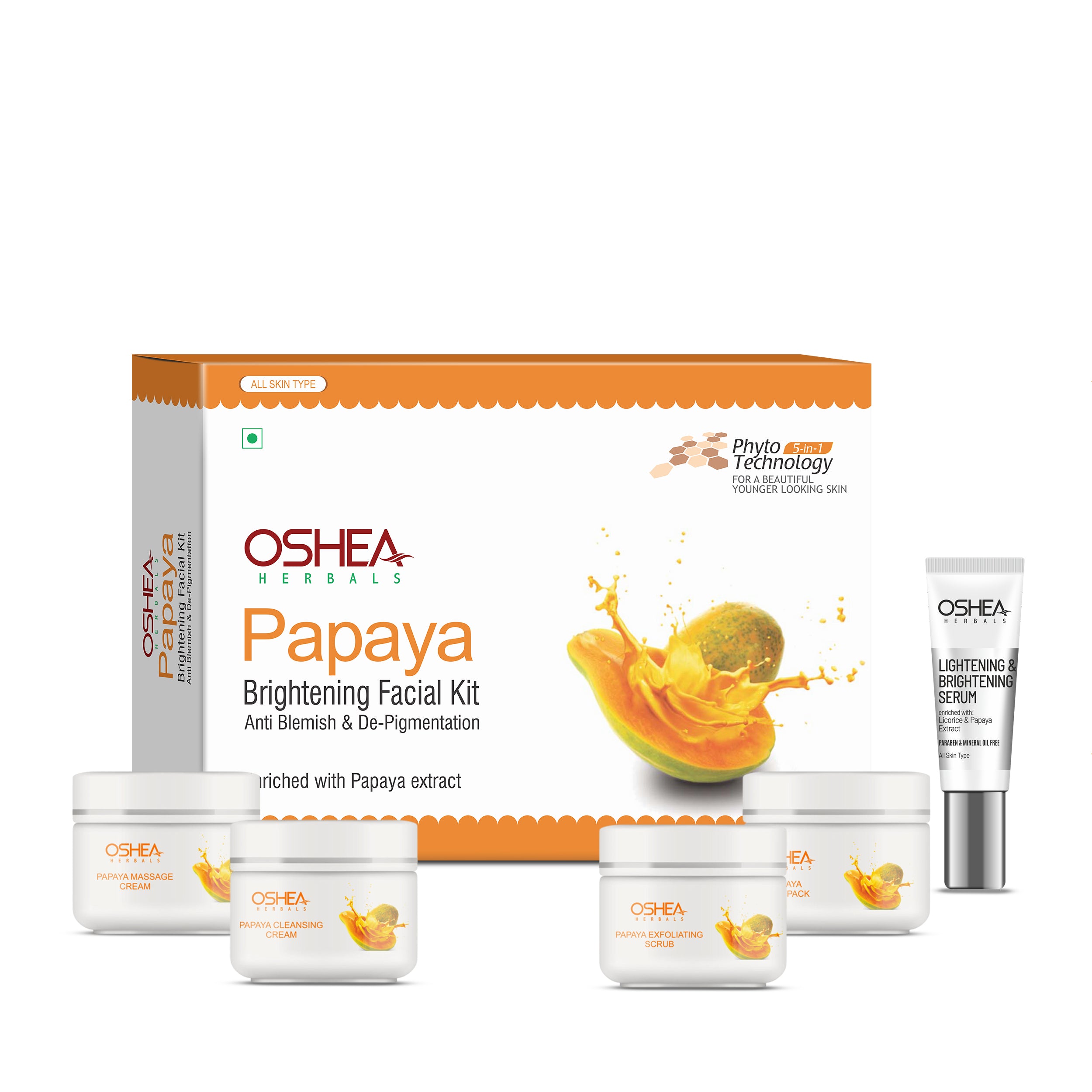 Papaya facial kit with brightening cream, cleansing cream, exfoliating scrub, face pack, and serum