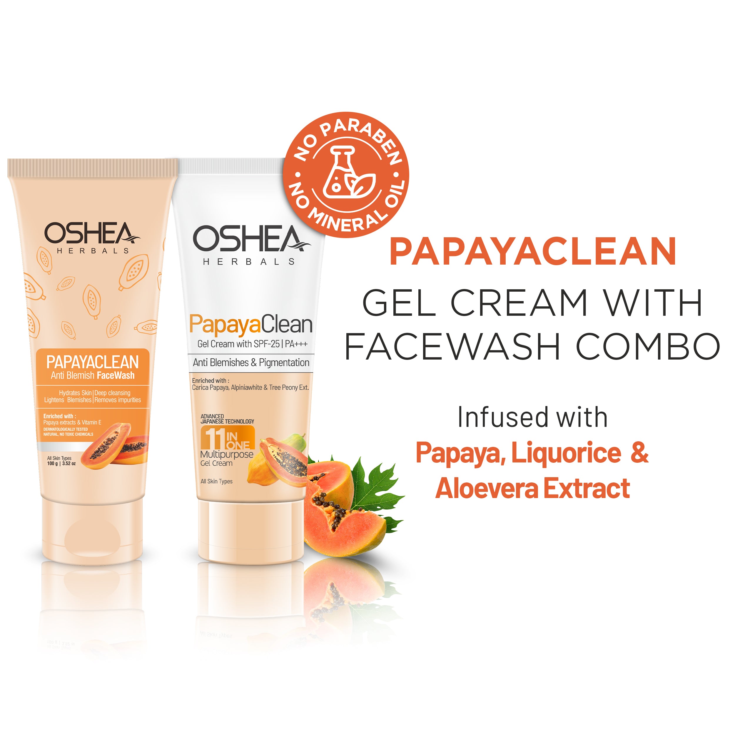 Oshea Herbals Papayaclean gel cream and facewash combo on a white background