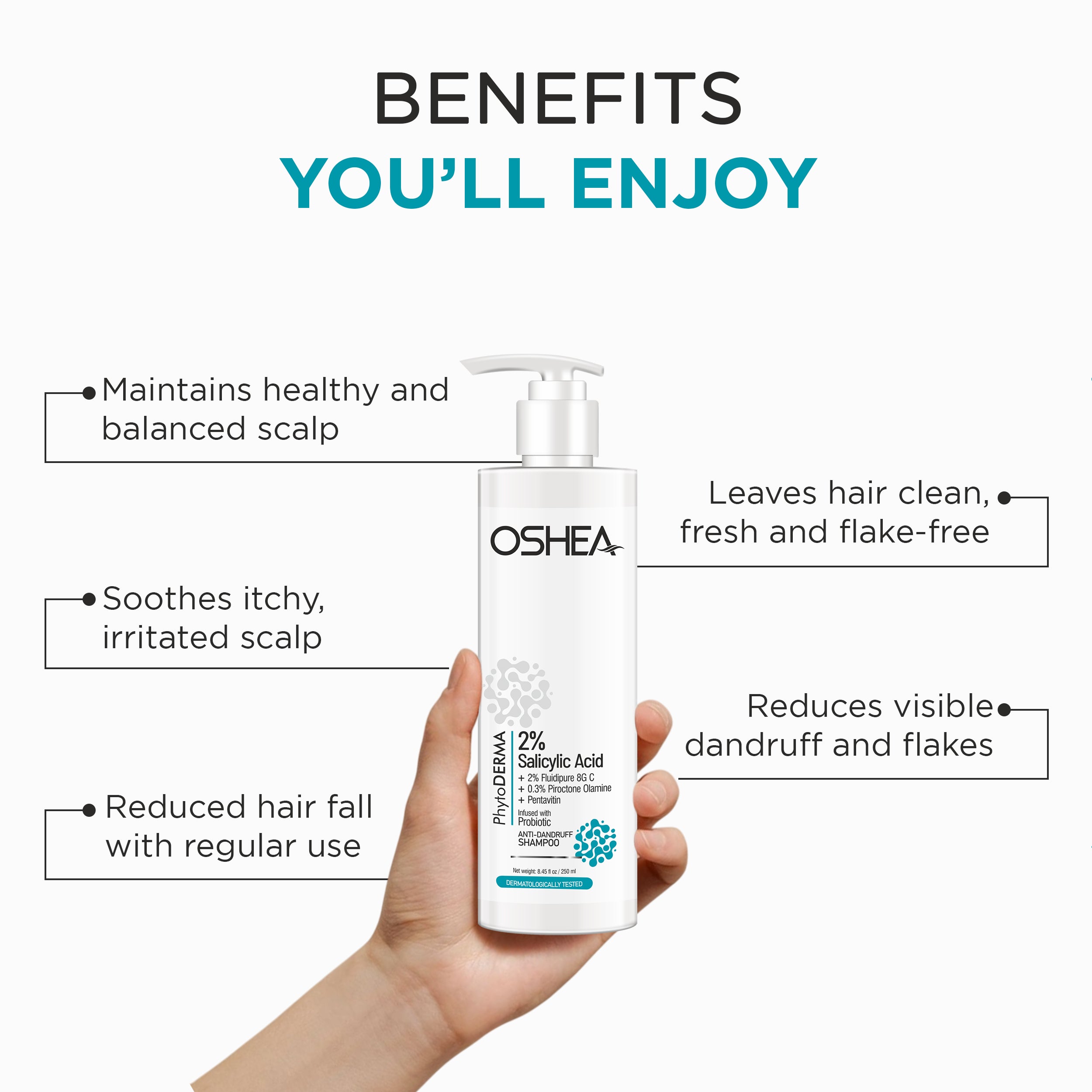 Anti - Dandruff Shampoo - 2% Salicylic Acid + 2% Fluidipure 8G C + 0.3% Piroctone Olamine + Pentavitin Infused with Probiotic