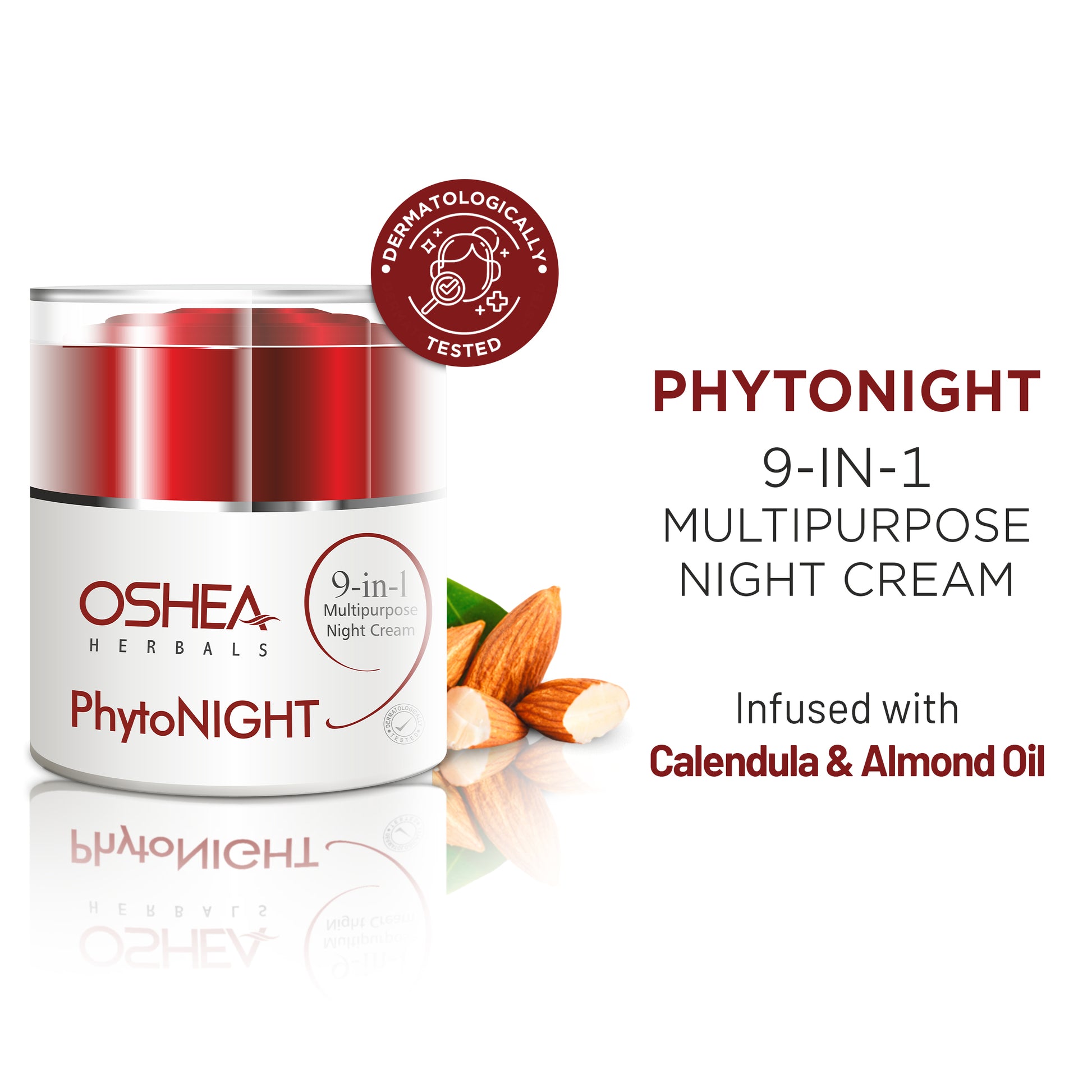 Oshea Herbals Phytonight 9-in-1 multipurpose night cream with ingredients and certification badge on a white background