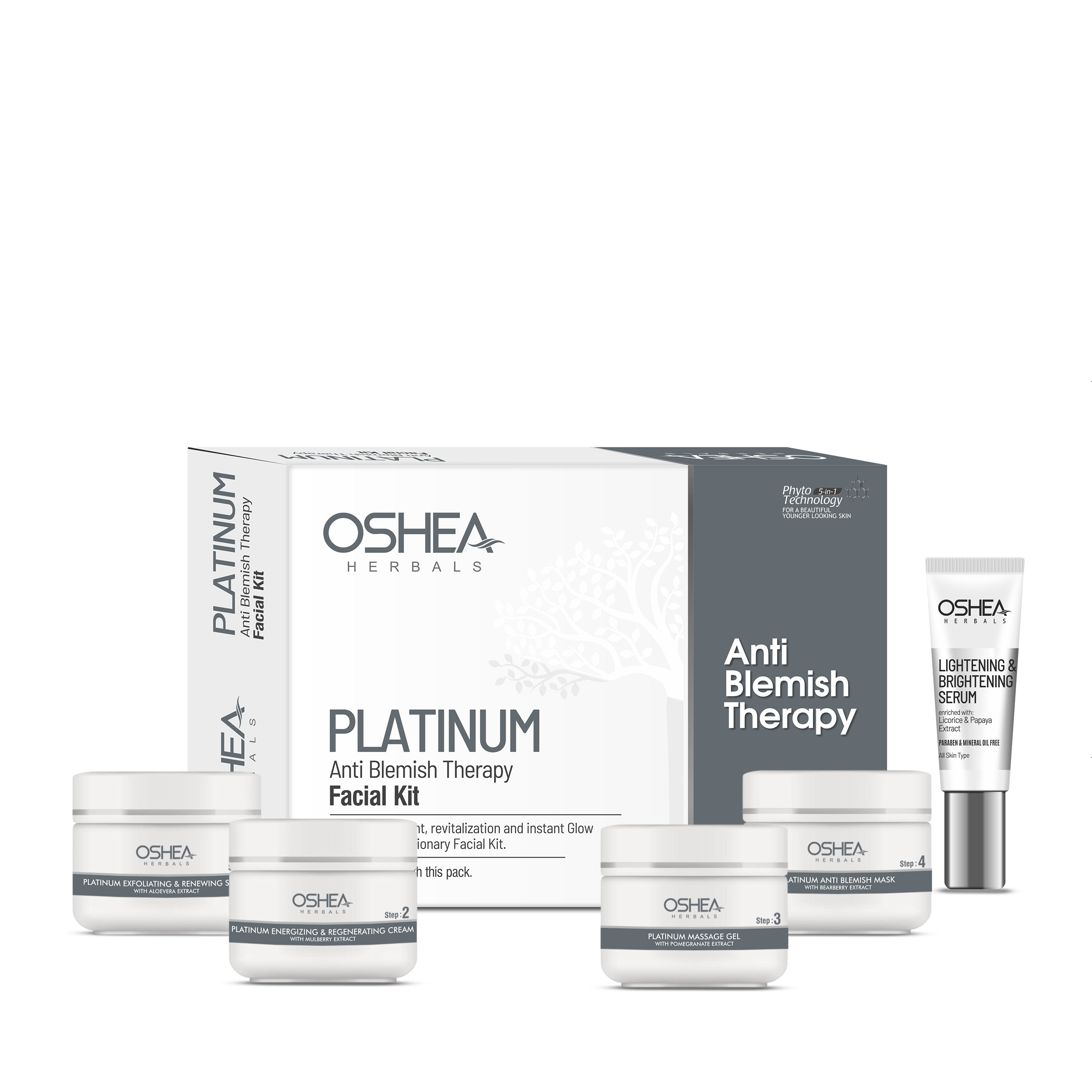 Oshea Herbals Platinum Anti Blemish Therapy facial kit on a white background