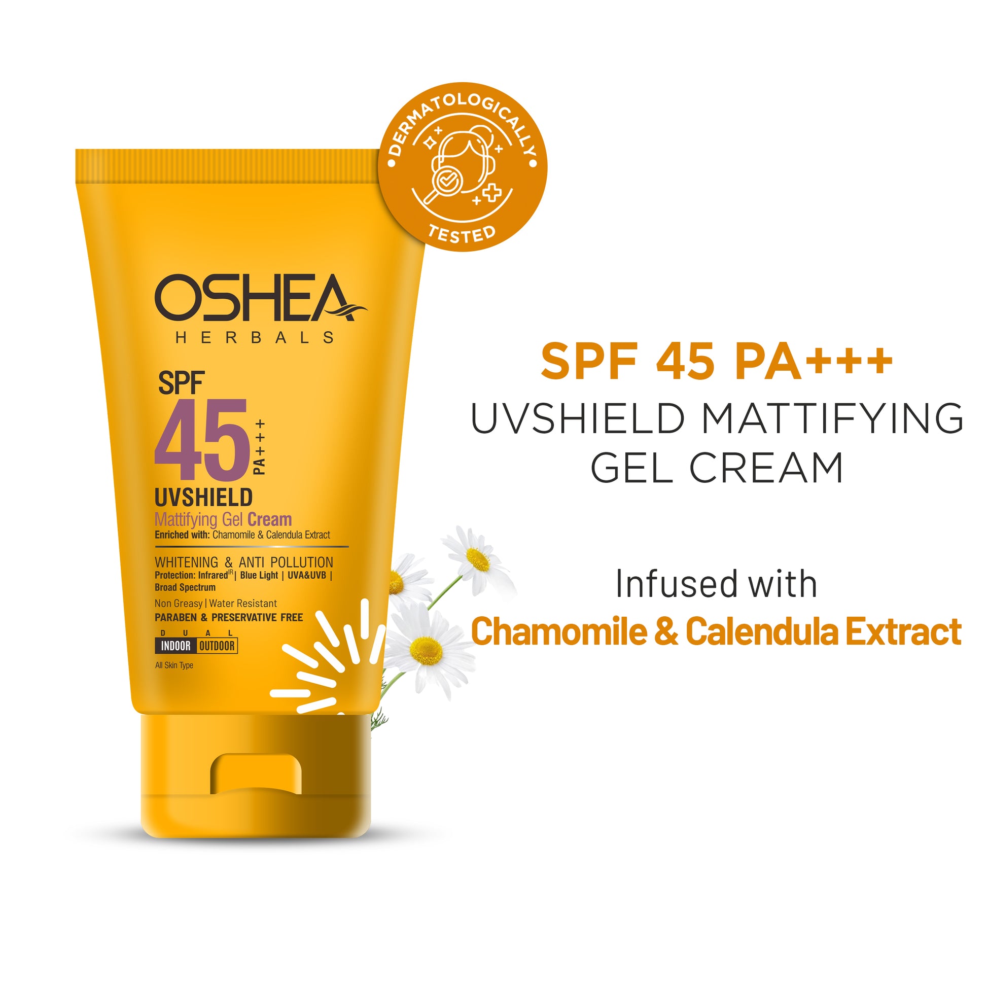Oshea Herbals SPF 45 PA+++ UVShield Mattifying Gel Cream on a white background