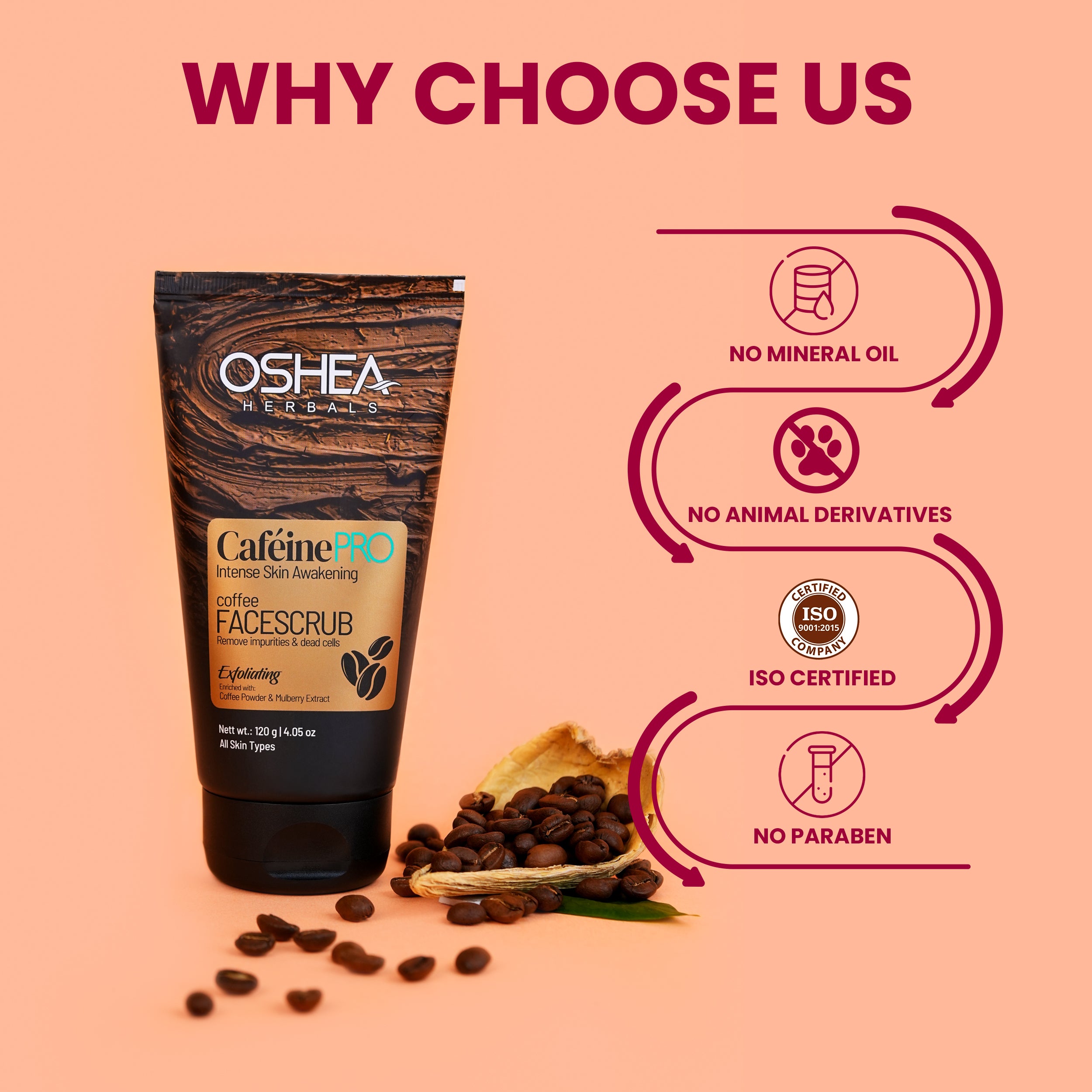 Why choose us Cafeine-Pro Face Scrub Oshea Herbals